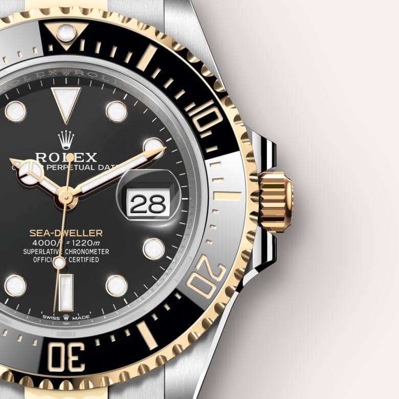 Up close of Rolex Sea-Dweller in Yellow Rolesor - combination of Oystersteel and yellow gold, m126603-0001 - Nam Sawang
