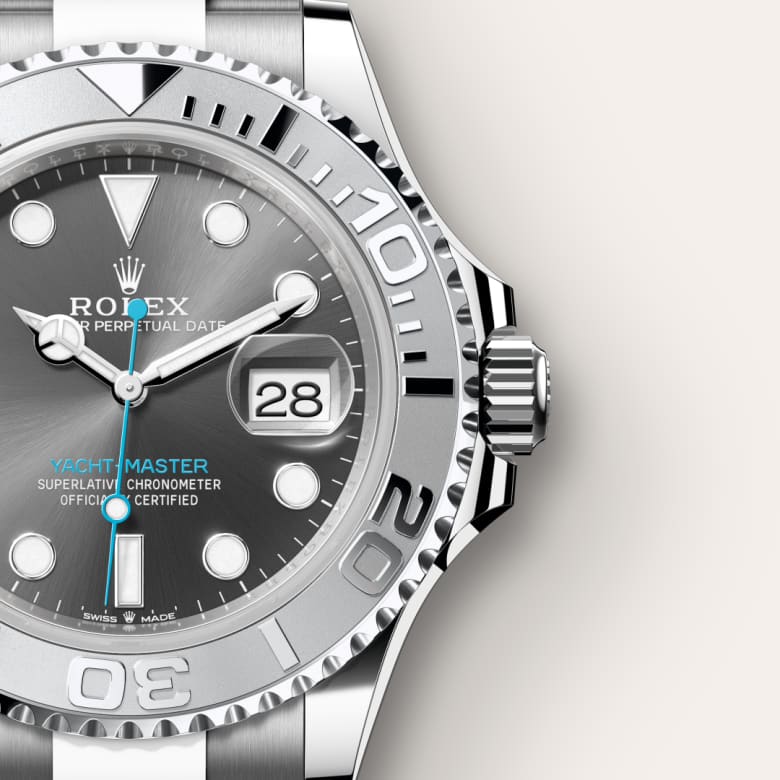 Up close of Rolex Yacht-Master in Rolesium - combination of Oystersteel and platinum, m126622-0001 - Nam Sawang
