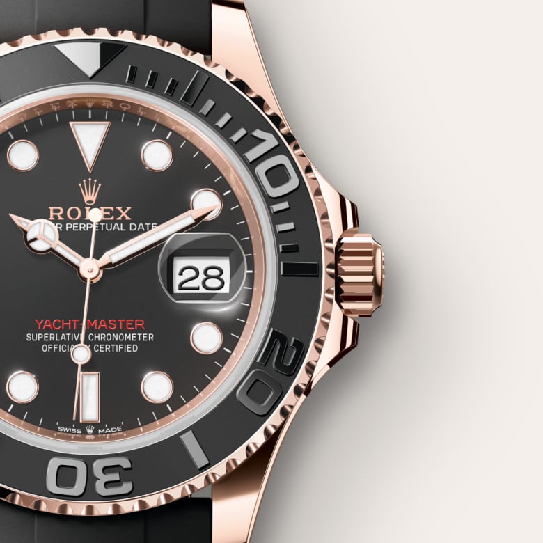 Up close of Rolex Yacht-Master in 18 ct Everose gold, m126655-0002 - Nam Sawang