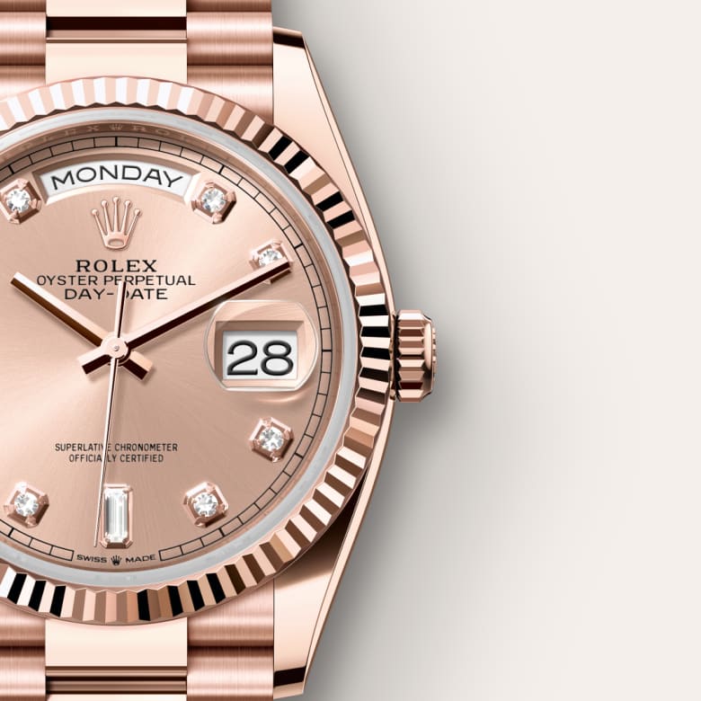 Up close of Rolex Day-Date in 18 ct Everose gold, m128235-0009 - Nam Sawang