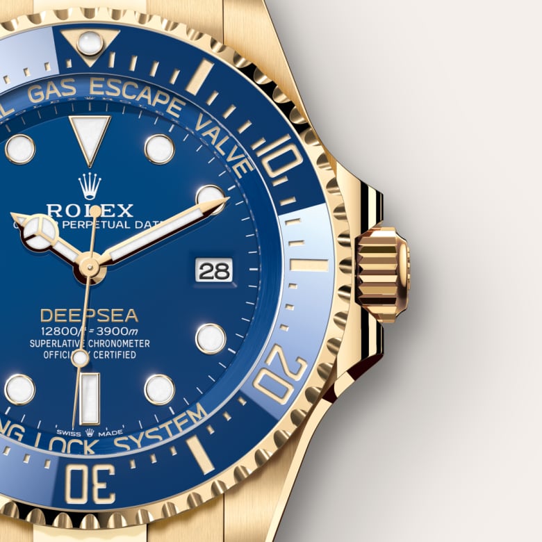 Up close of Rolex Deepsea in 18 ct yellow gold, m136668lb-0001 - Nam Sawang