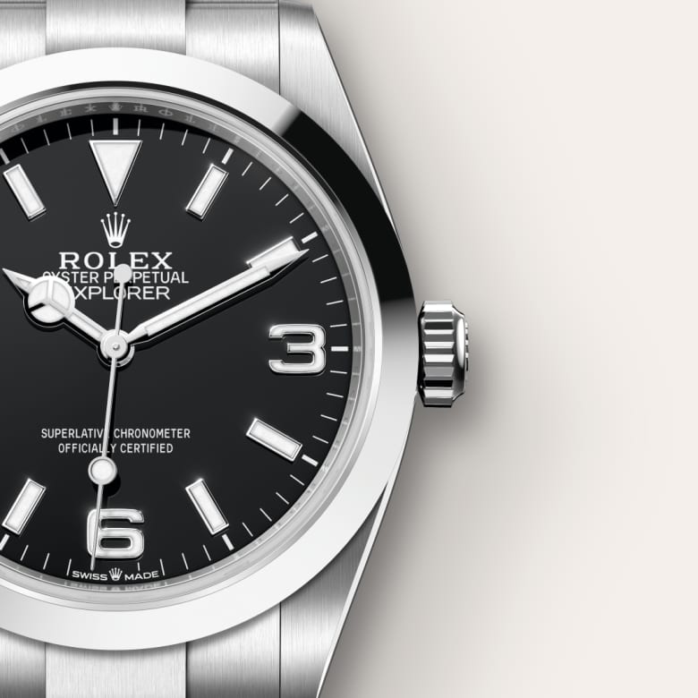 ด้านใกล้ Rolex Explorer ในวัสดุ Oystersteel, m224270-0001 - นำสว่าง