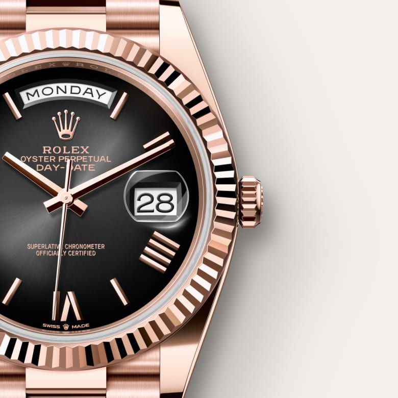 Up close of Rolex Day-Date in 18 ct Everose gold, m228235-0055 - Nam Sawang