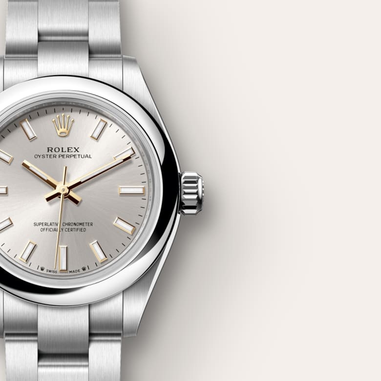 ด้านใกล้ Rolex Oyster Perpetual ในวัสดุ Oystersteel, m276200-0001 - นำสว่าง