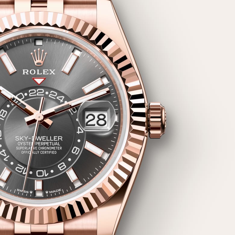 Up close of Rolex Sky-Dweller in 18 ct Everose gold, m336935-0008 - Nam Sawang