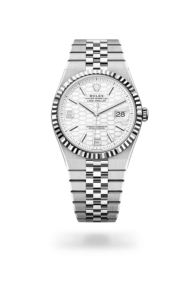 rolex-land-dweller-in-White Rolesor - การผสมผสานระหว่าง Oystersteel และทองคำขาว-Land-Dweller 40,-m127334-0001-นำสว่าง
