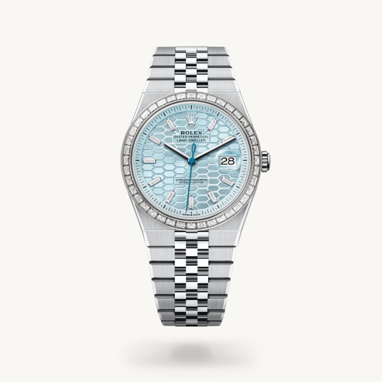 Front view of Rolex Land-Dweller in Platinum, m127386tbr-0001 - Nam Sawang