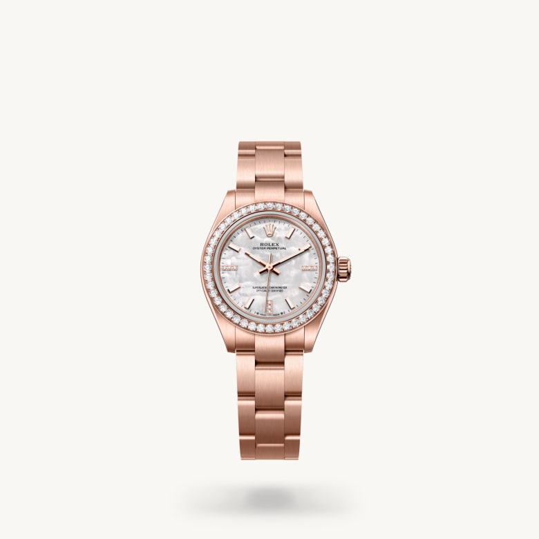 Front view of Rolex Oyster Perpetual in 18 ct Everose gold, m276245rbr-0001 - Nam Sawang