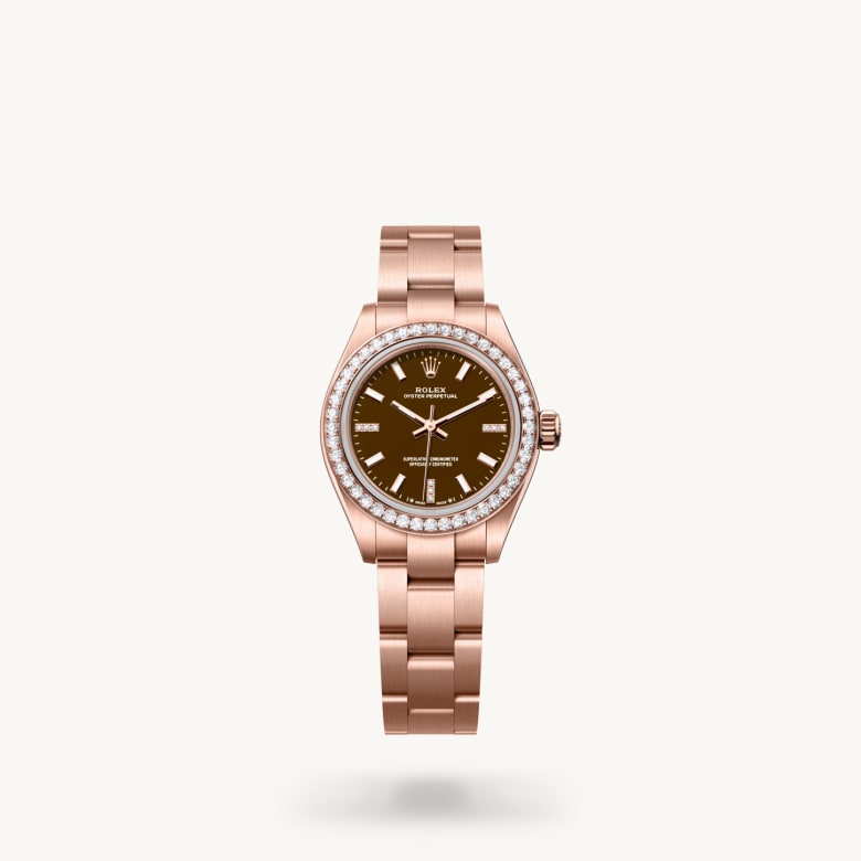 Front view of Rolex Oyster Perpetual in 18 ct Everose gold, m276245rbr-0002 - Nam Sawang